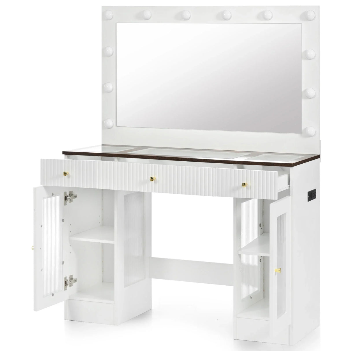 Vanity Desk With Large Mirror And Hollywood Bulbs White - Furniture Home Direct