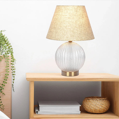 Serenity - Round Ribbed Lamp Base Clear Table Lamp Large Linen Shade - Clear / Gold / Natural - Furniture Home Direct