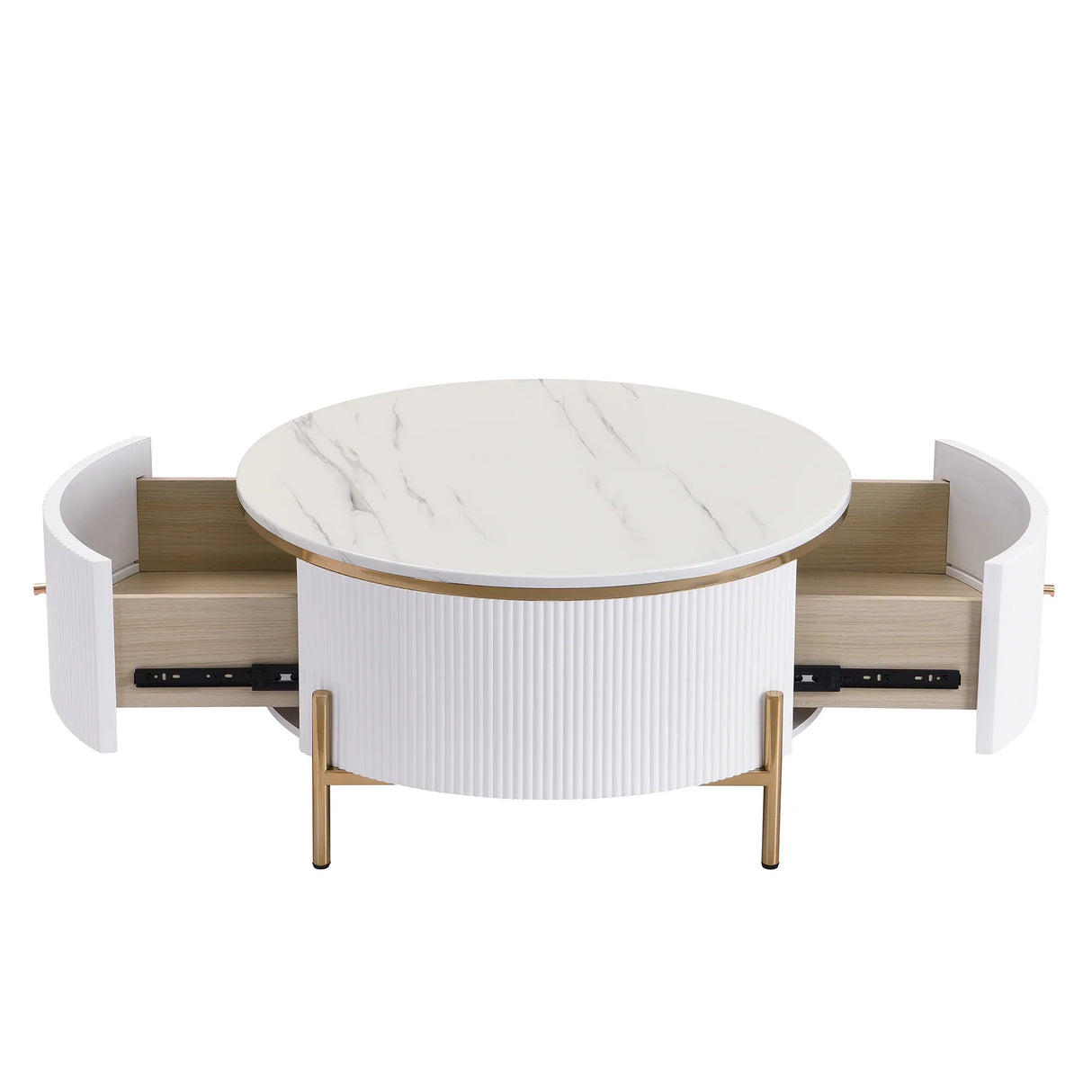 Round Coffee Table with Drawers and Gold Accents White - Furniture Home Direct