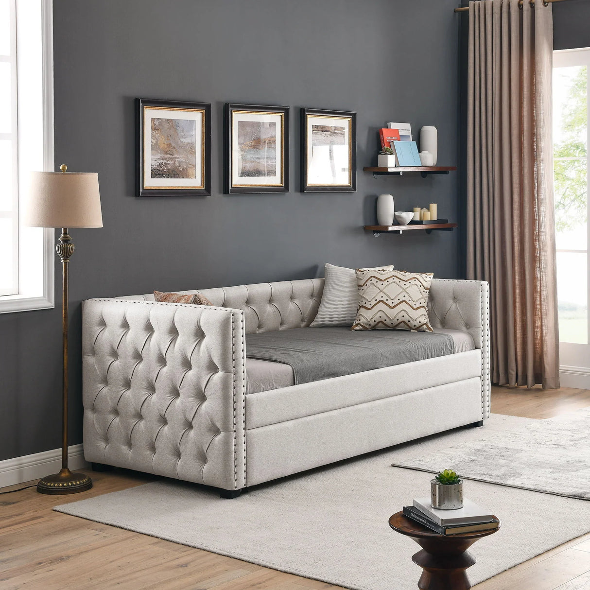 Inspired Upholstered Daybed With Trundle, Button Tufted - Furniture Home Direct