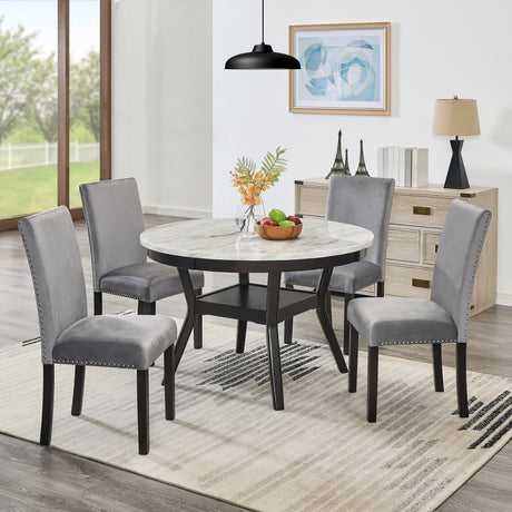Dining Set Round Marble Table With Velvet Chairs Gray - Furniture Home Direct