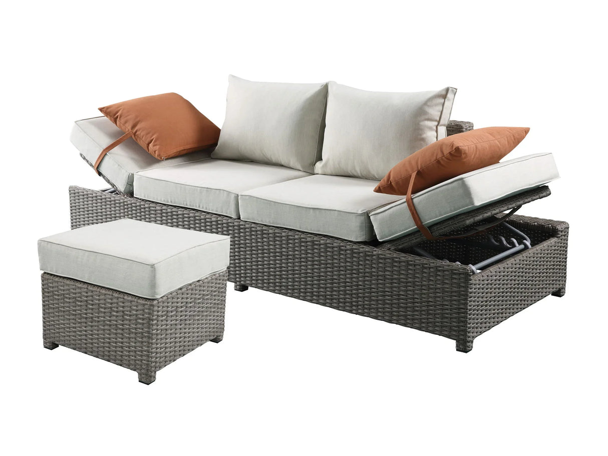 Salena - All Weather Wicker Patio Sofa & Ottoman With 2 Toss Pillows - Beige / Gray - Furniture Home Direct