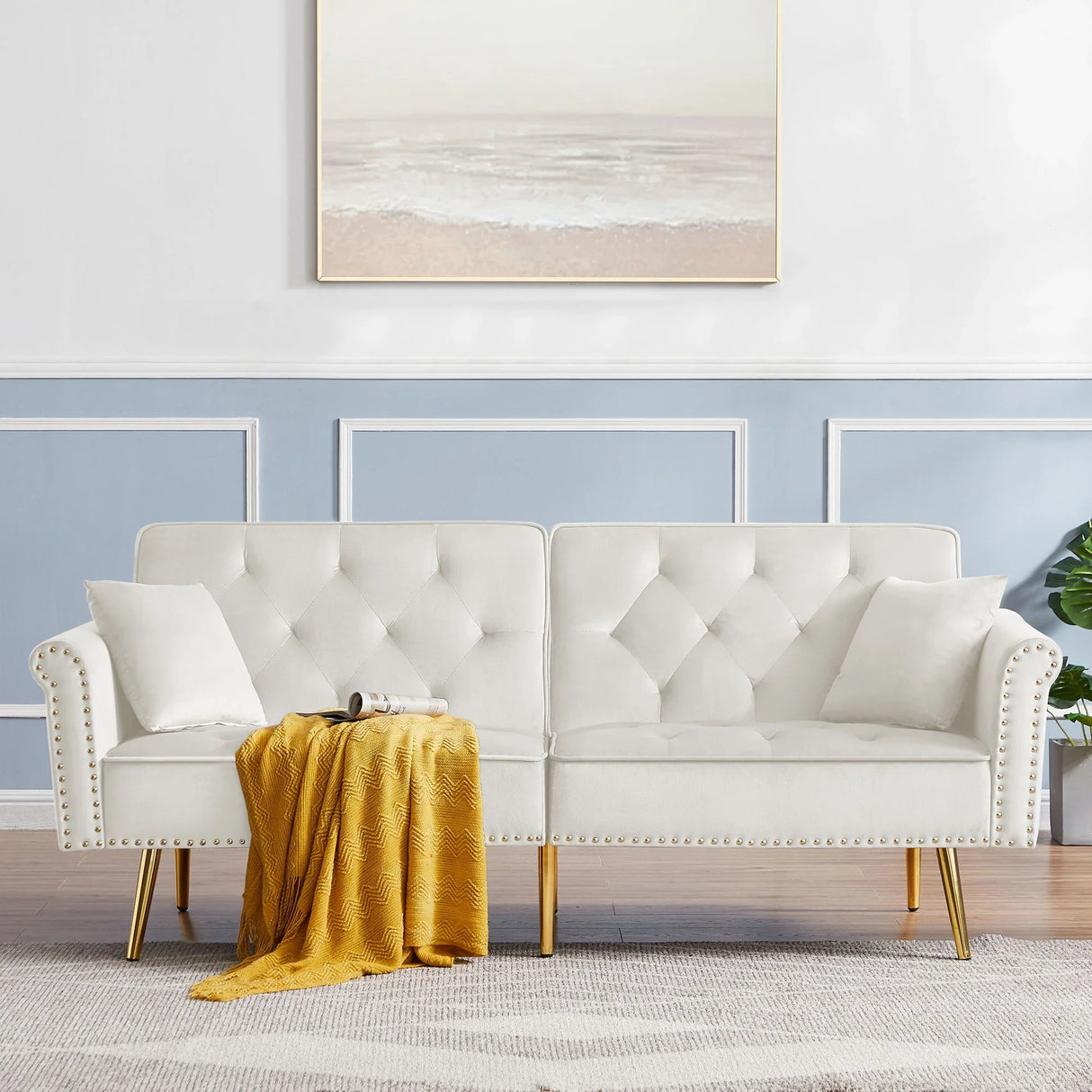 Velvet Tufted Sofa Couch With 2 Pillows And Nailhead Trim - Furniture Home Direct