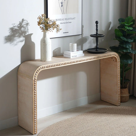 Console Table With Wood Beads Curved Waterfall Style Table - Antique Natural / Natural / Rustic / Natural / White - Furniture Home Direct