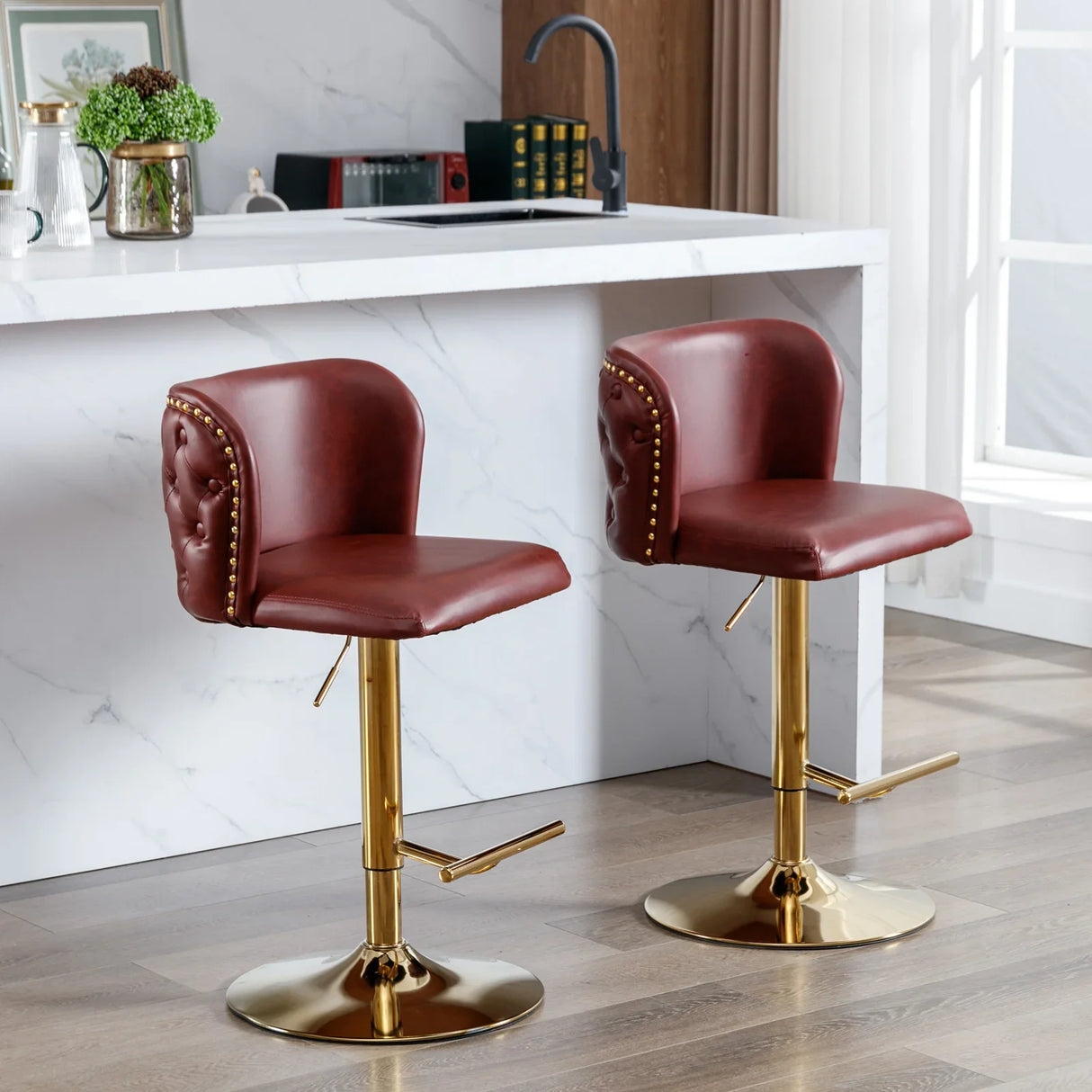 Counter Height Bar Stool Tufted Leather Swivel Burgundy - Furniture Home Direct