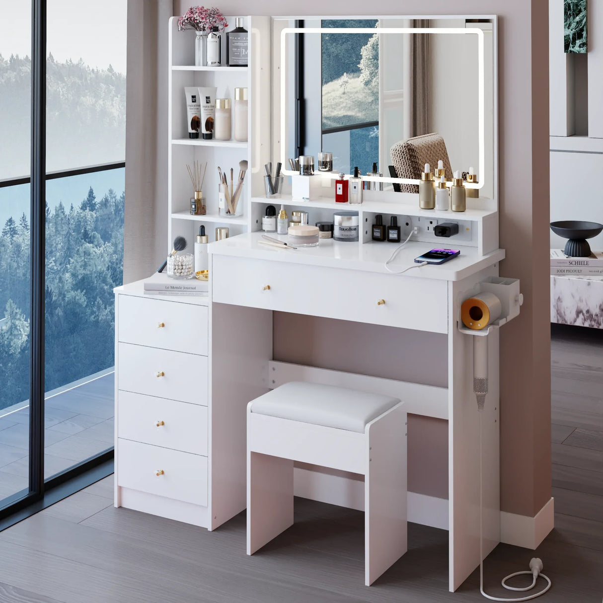 Vanity Desk With Cushioned Stool Mirror Makeup White - Furniture Home Direct