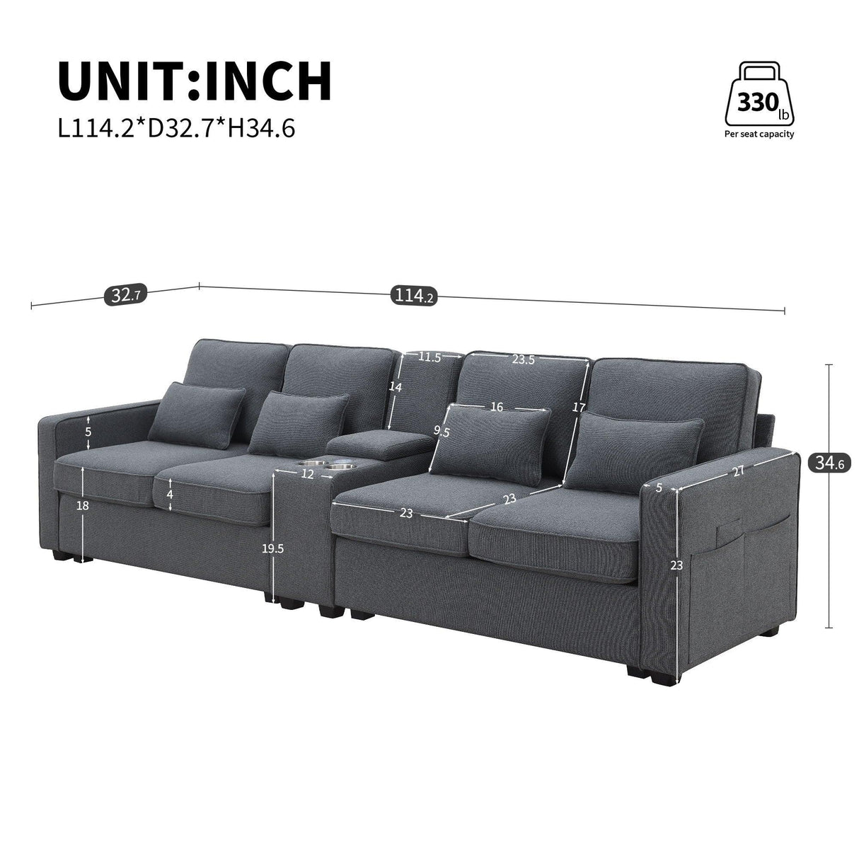 Upholstered Sofa With Console, 2 Cupholders And 2 USB Ports Wired Or Wirelessly Charged, Modern Linen Fabric Couches With 4 Pillows For Living Room, Apartment (4-Seat) - Furniture Home Direct