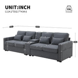 Upholstered Sofa With Console, 2 Cupholders And 2 USB Ports Wired Or Wirelessly Charged, Modern Linen Fabric Couches With 4 Pillows For Living Room, Apartment (4-Seat) - Furniture Home Direct