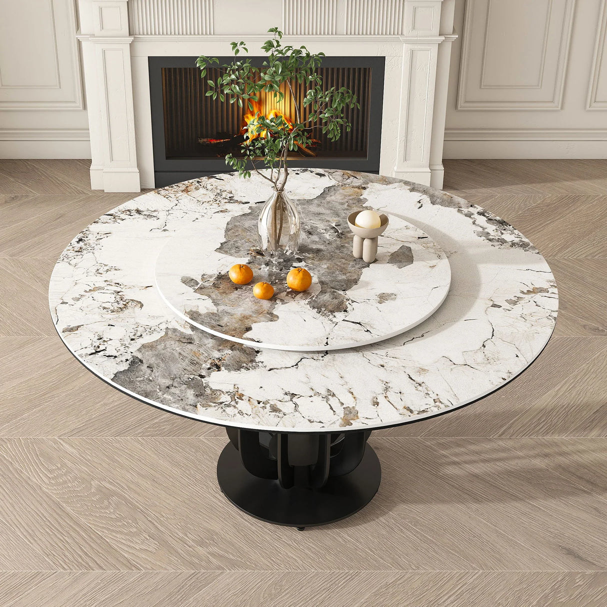Round Dining Table With Carbon Steel Base And Lazy Susan Industrial Style - Black / White