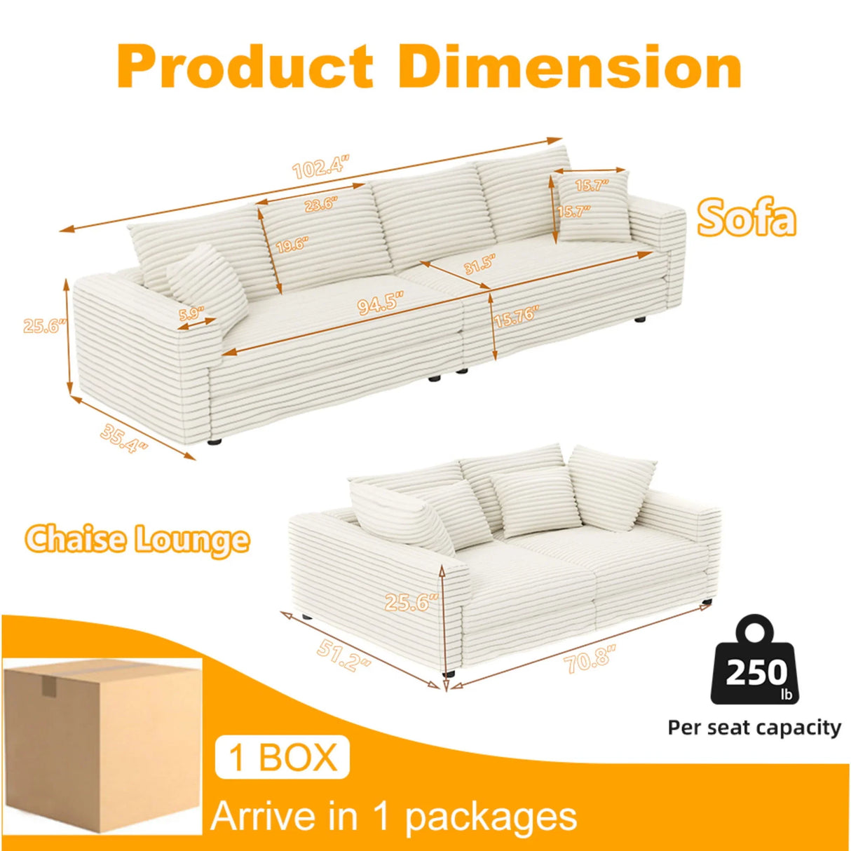 Plush Corduroy 4 Seat Sofa, Modern Comfy Upholstered Sofa Cloud Couch, Deep Seat Couches With Soft Pillows - Furniture Home Direct