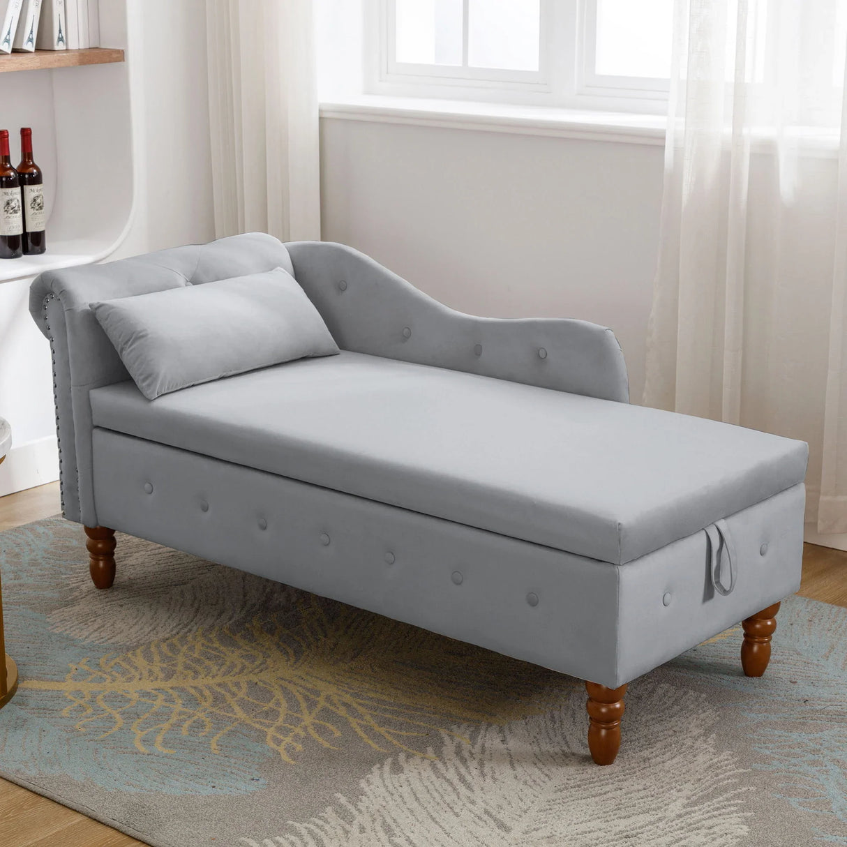 Chaise Lounge Indoor, Velvet Lounge Chair For Bedroom With Storage & Pillow, Modern Upholstered Rolled Arm Chase Lounge For Sleeping With Nailhead Trim For Living Room Bedroom Office - Furniture Home Direct