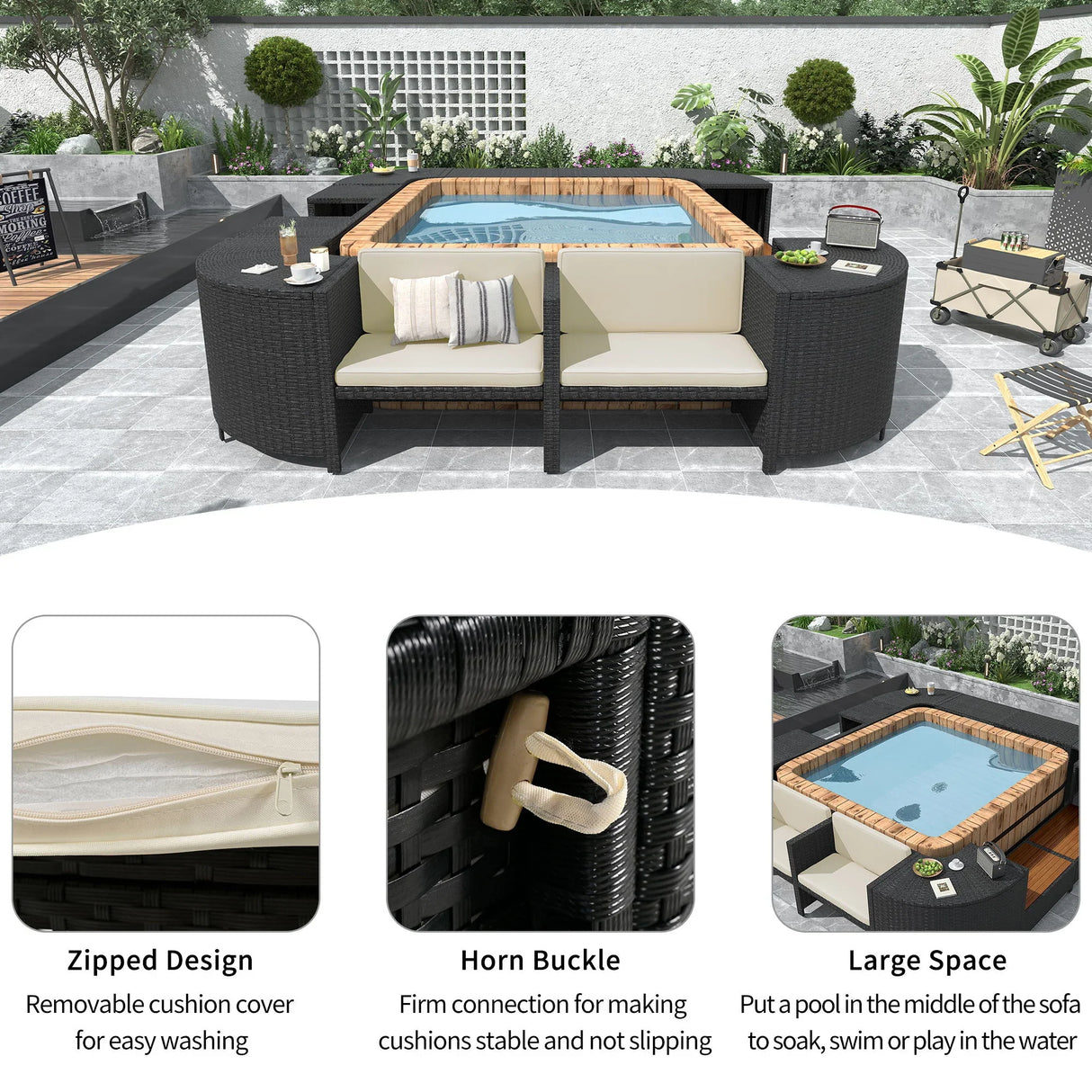 Spa Surround Spa Frame Quadrilateral Outdoor Rattan Sectional Sofa Set With Mini Sofa, Wooden Seats And Storage Spaces - Furniture Home Direct