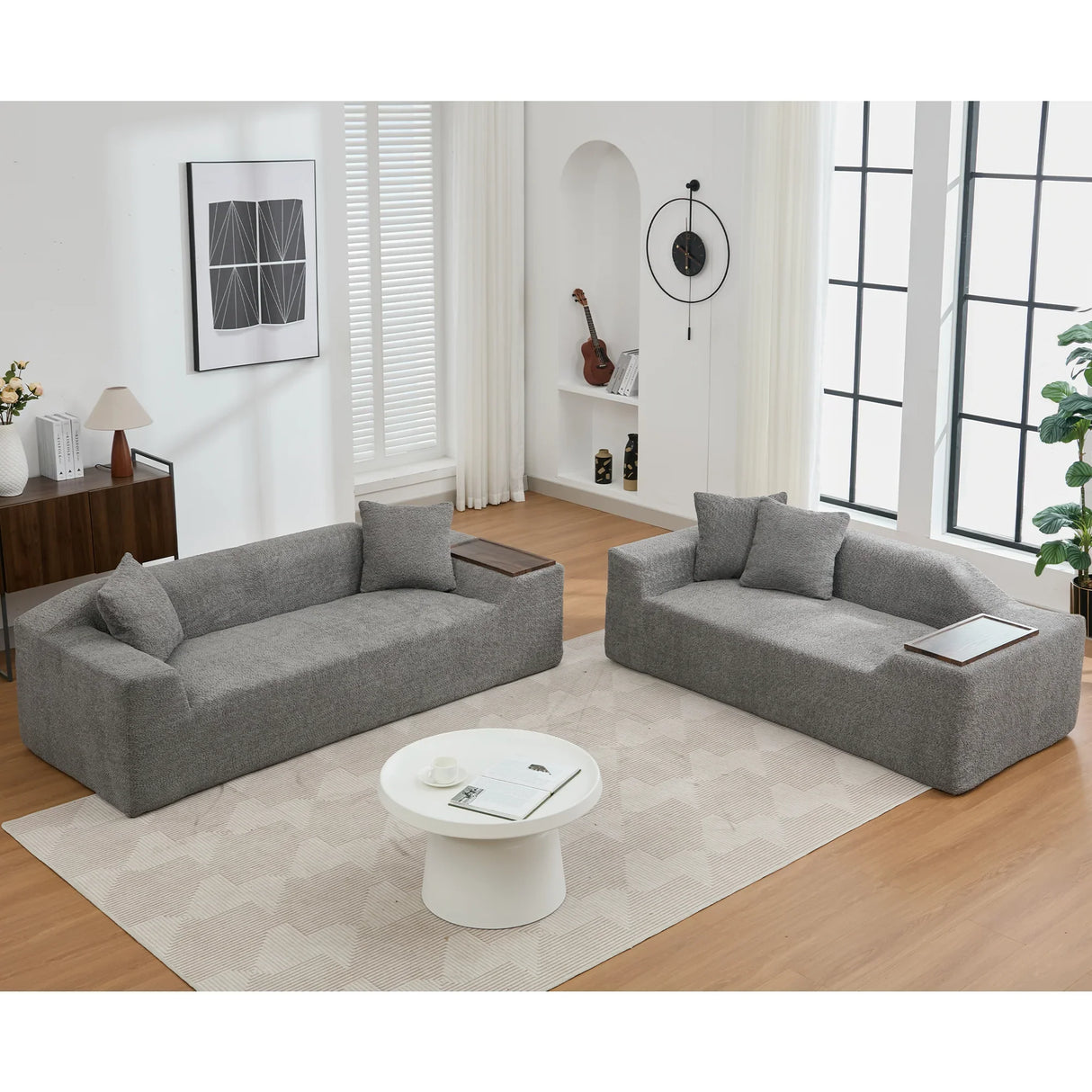 2 Piece Boucle Cloud Living Room Set with 2 Trays - Dark Gray - Furniture Home Direct