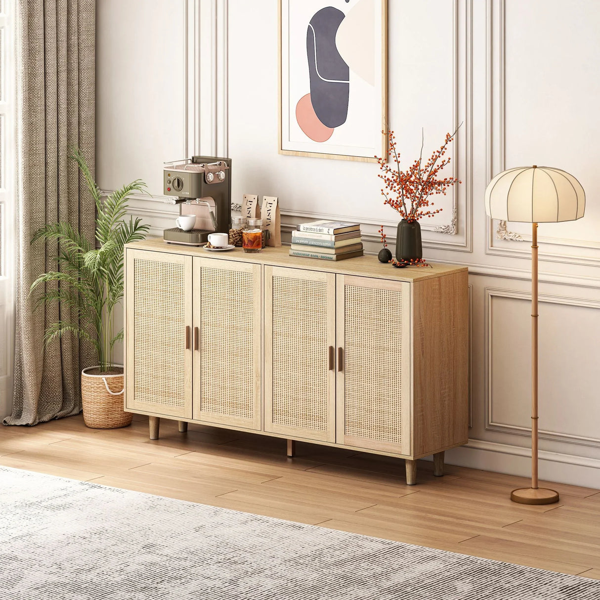 Elegant And Functional Rattan Decorative Storage Cabinet With 4 Doors - Furniture Home Direct