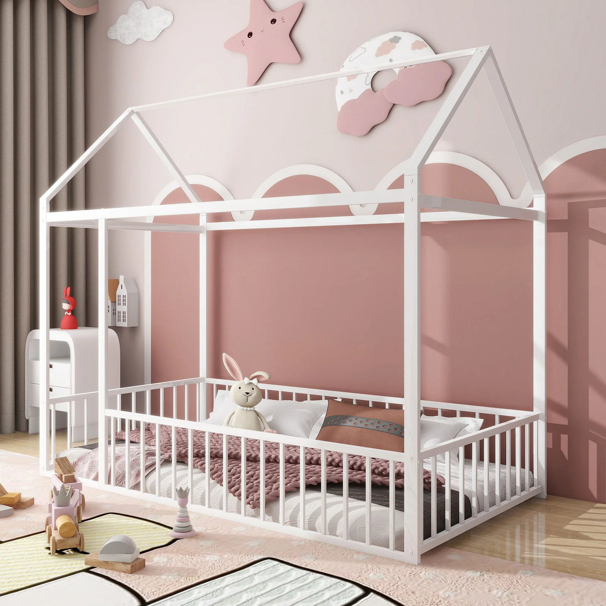 Metal Bed House Bed Frame With Fence - Furniture Home Direct