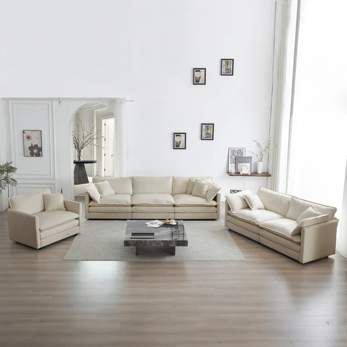 Extra Deep Seat 3 Piece Living Room Set with Sofa, Love Seat and Chair - Beige - Furniture Home Direct