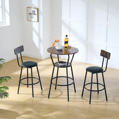 Rustic Brown Round Bar Table And Stool Set With Shelf, Upholstered Stool With Backrest - Antique Brown - Furniture Home Direct