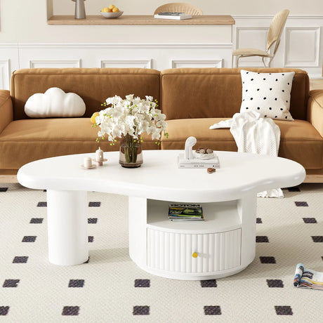 Cloud - Coffee Table, Irregular Shape Coffee Table With 1 Dreawer And Shelf For Living Room - White - Furniture Home Direct