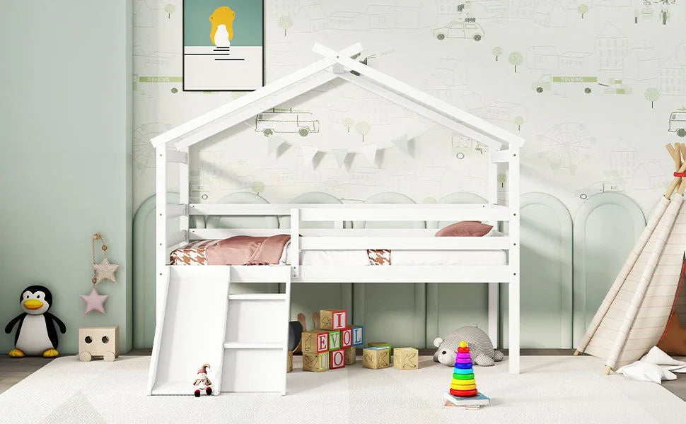 Low Loft House Bed With Slide, Ladder, Safety Guardrails, House Roof Frame - Furniture Home Direct
