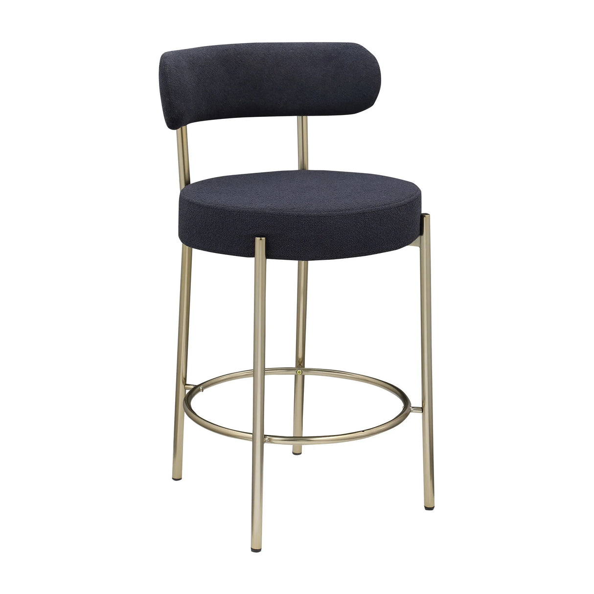 Modern Sherpa Counter Height Stools, Uphsoltered Seat Height Barstools With Brushed Brass Metal Legs Round Low Back Kitchen Stools With Footrest For Dining Room (Set of 2) - Furniture Home Direct