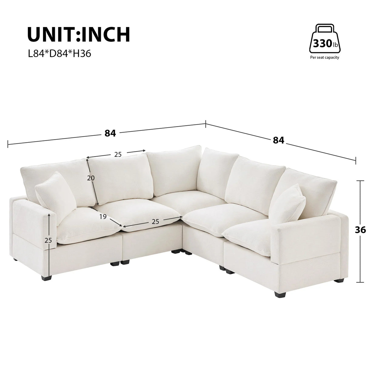 Modern L Shape Modular Sofa, 5 Seat Chenille Sectional Couch Set With 2 Pillows Included, Freely Combinable Indoor Funiture For Living Room, Apartment, Office - Furniture Home Direct
