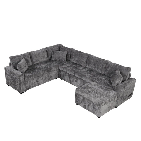 Sectional Sofa Pull-Out Sofa Bed Sleeper With A Storage Ottoman, Three Pillows And Charging Devices For Living Room - Furniture Home Direct