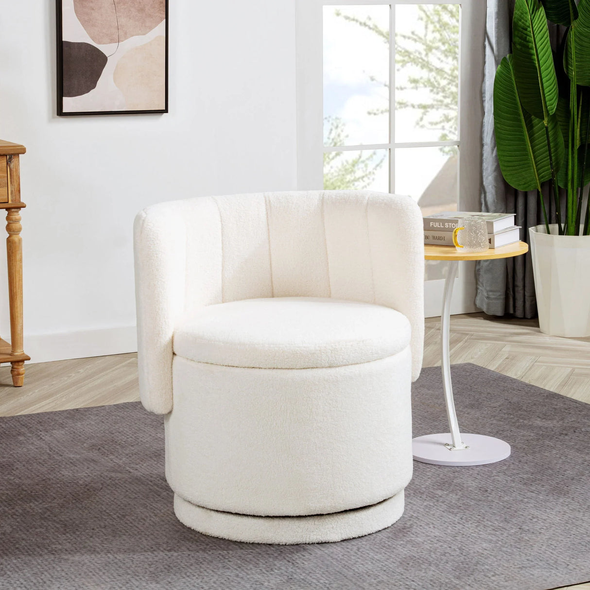 Modern 360 Degree Swivel Back Sofa Chair With Storage Space Boucle, Perfect For Bedroom And Living Room - Beige - Furniture Home Direct