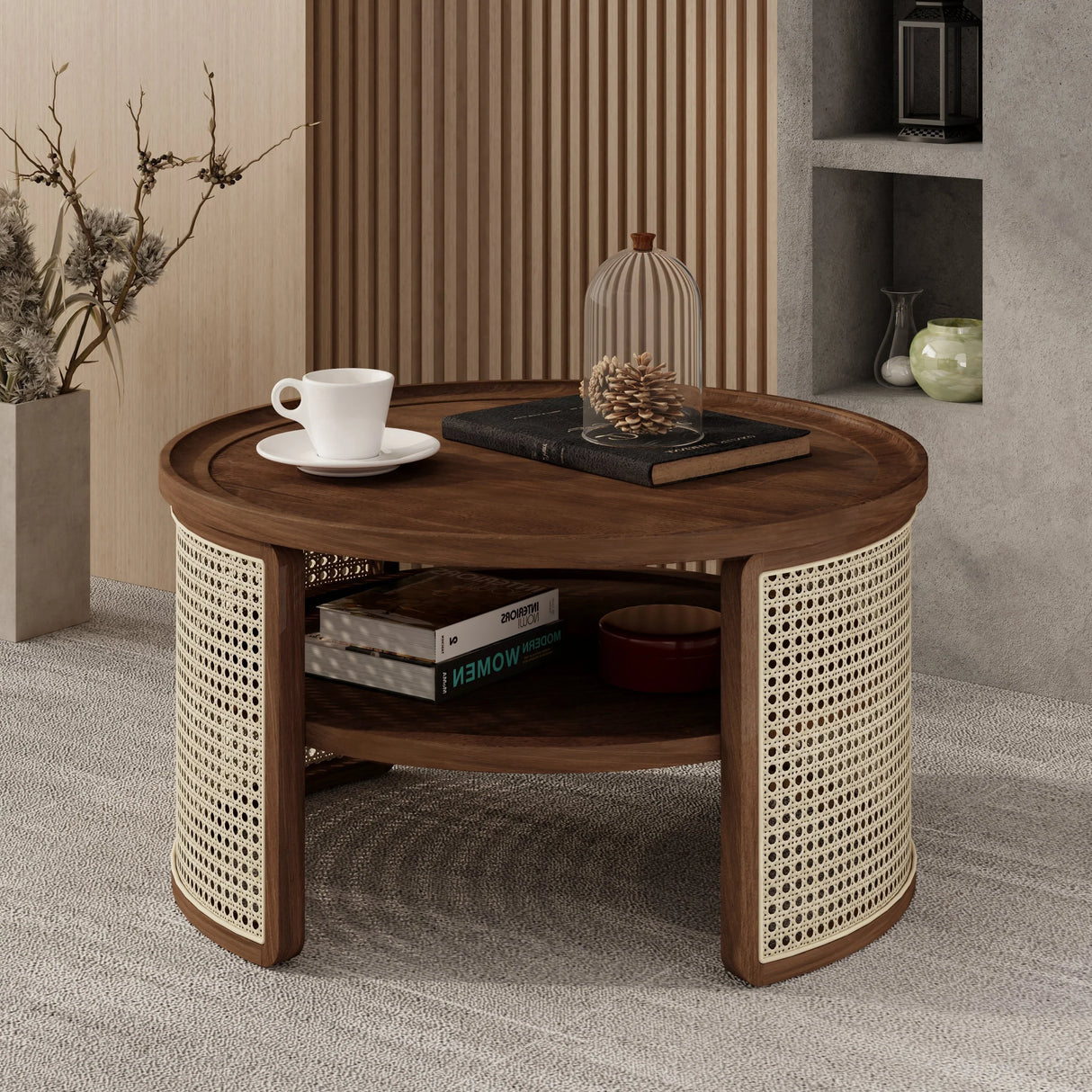 2-Tiered Round Walnut Wood Coffee Table - Furniture Home Direct
