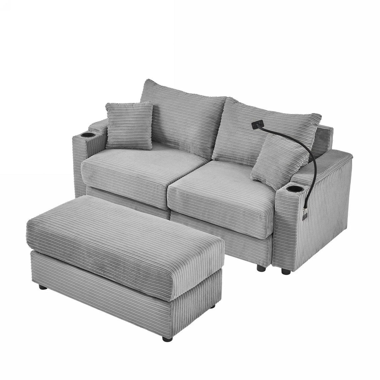 Modern Style Loveseat With Storage, Ottoman, Two USB Ports, Two Cup Holders and Phone Holder - Gray - Furniture Home Direct