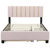 Upholstered Platform Bed With 2 Drawers And 1 Trundle, Classic Strip Headboard Design - Furniture Home Direct