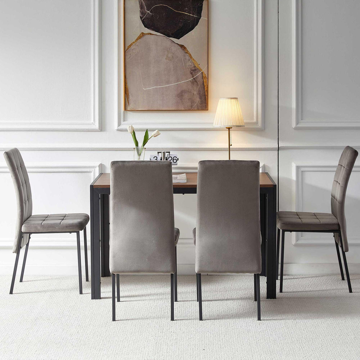 5 Piece Dining Set Including Velvet High Back Nordic Dining Chair & Creative Design Dining Table - Furniture Home Direct