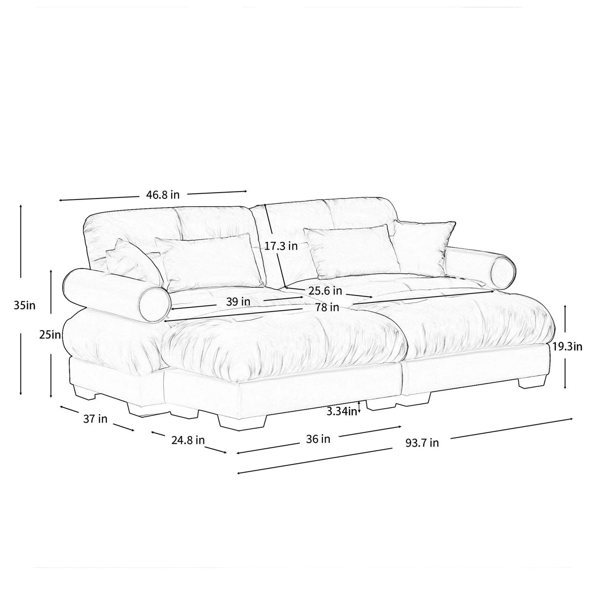Modern Sectional Sofa With Ottoman, Round Bolster Armrests, Waist And Throw Pillows - Furniture Home Direct
