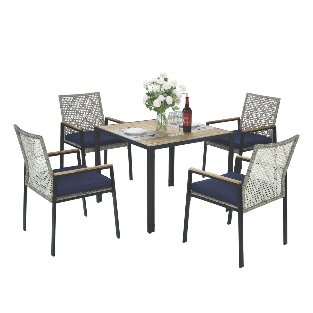 5 Piece Patio Dining Table Set, Acacia Wood Table Top With Umbrella Hole - Furniture Home Direct