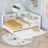 Wooden Full Size Daybed With Twin Size Trundle, Daybed With Storage Shelf And USB Charging Ports - White - Furniture Home Direct