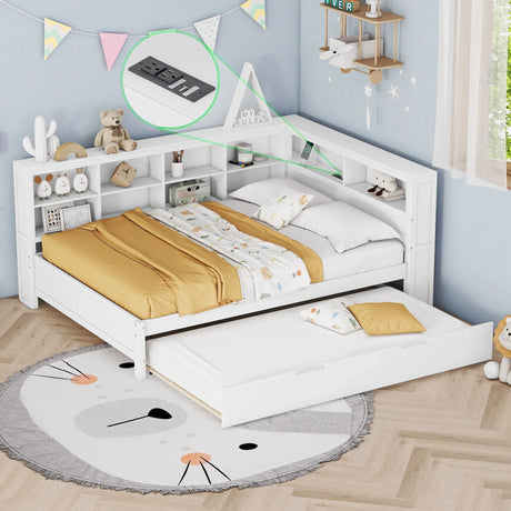 Wooden Full Size Daybed With Twin Size Trundle, Daybed With Storage Shelf And USB Charging Ports - White - Furniture Home Direct