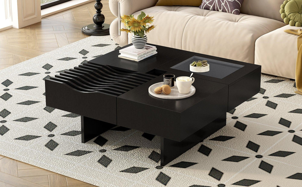 Coffee Table Mid Century Modern Wood Slotted Surface Black - Furniture Home Direct