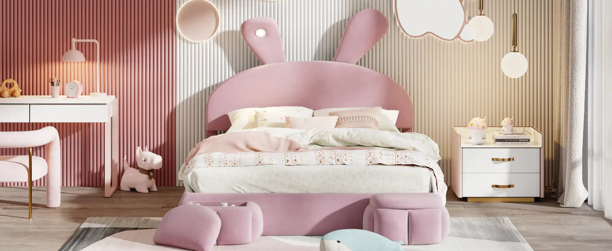 Full Size Upholstered Platform Bed with Cartoon Ears Shaped Headboard and Light, Pink - Furniture Home Direct