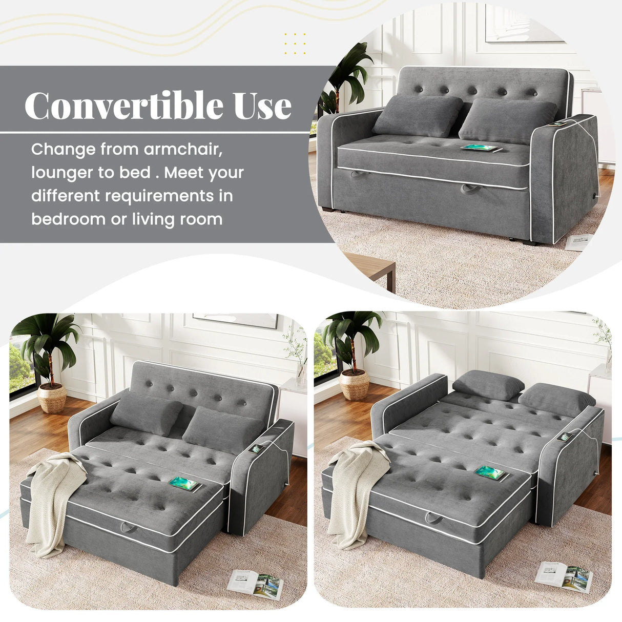 Upholstered Loveseat with Pull Out Sofa, Two Throw Pillows, Dual USB Charging Port And Adjustable Backrest - Gray - Furniture Home Direct