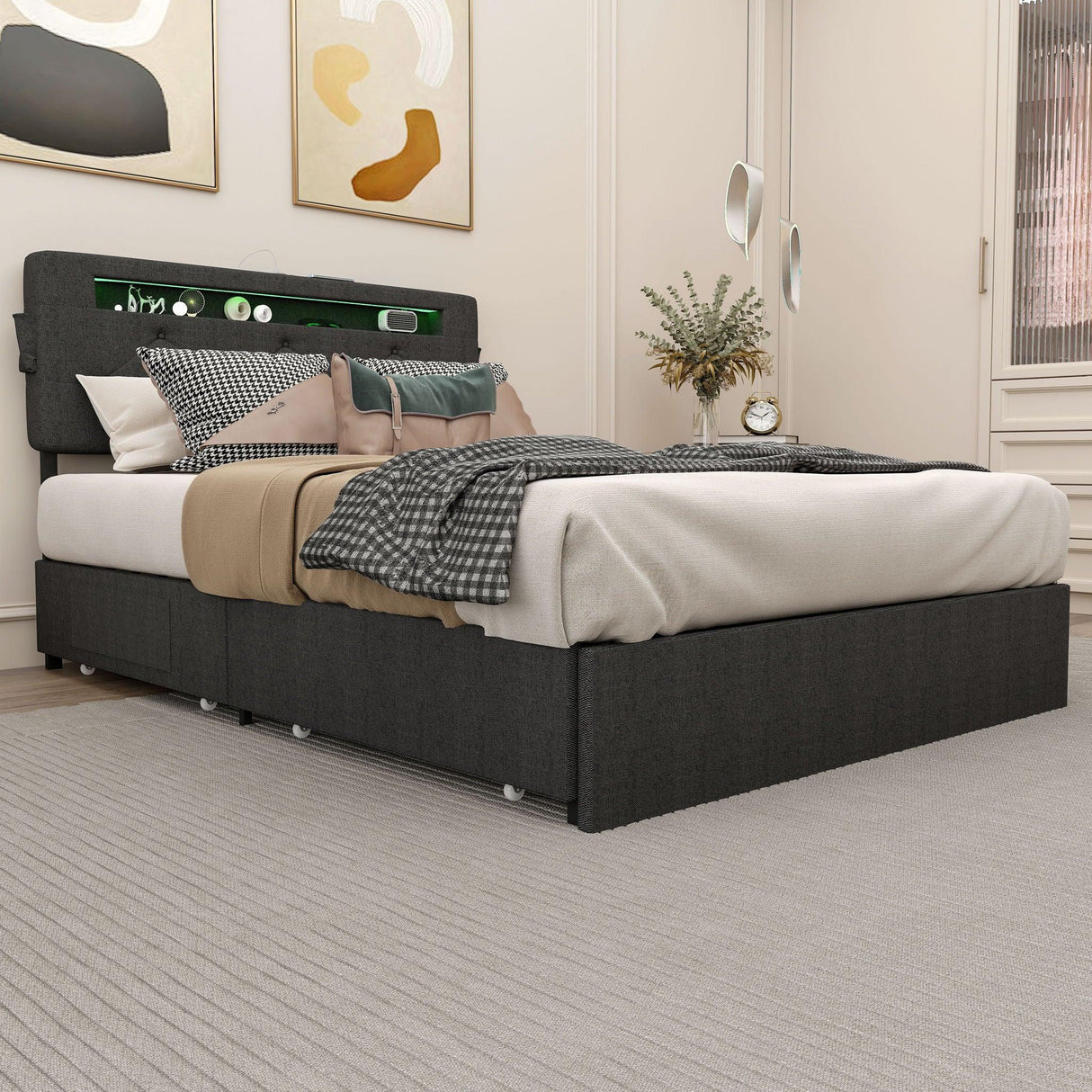 Bed With USB Charging Station, LED Lights, Headboard & Storage Drawers - Furniture Home Direct