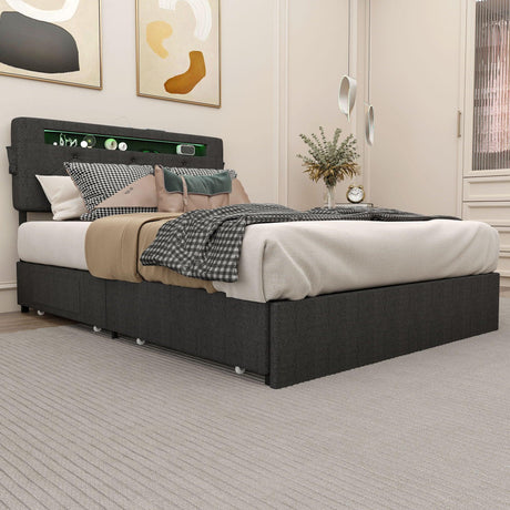 Bed With USB Charging Station, LED Lights, Headboard & Storage Drawers - Furniture Home Direct