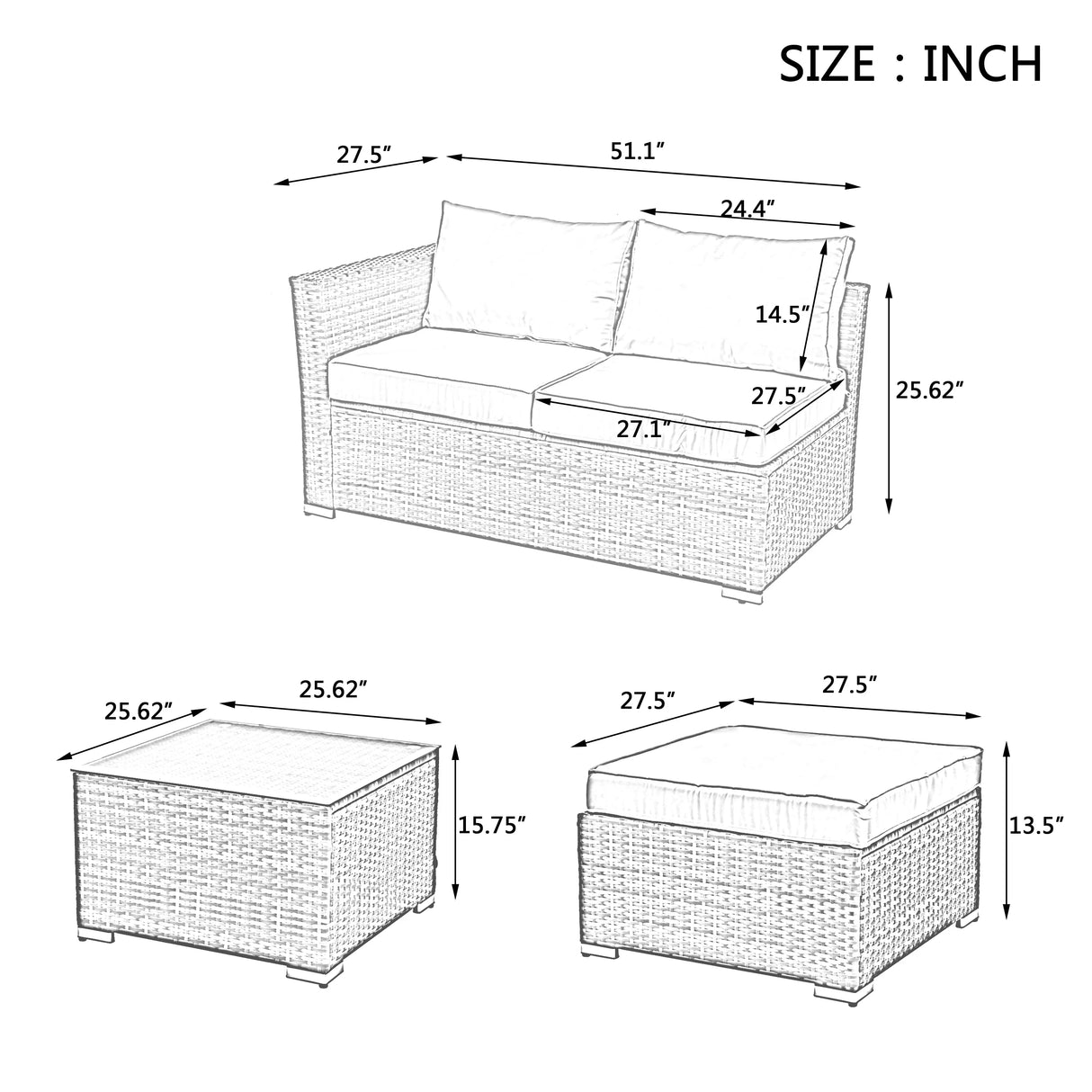 4 Piece Outdoor Sectional Set With Tempered Glass Coffee Table - Blue - Furniture Home Direct