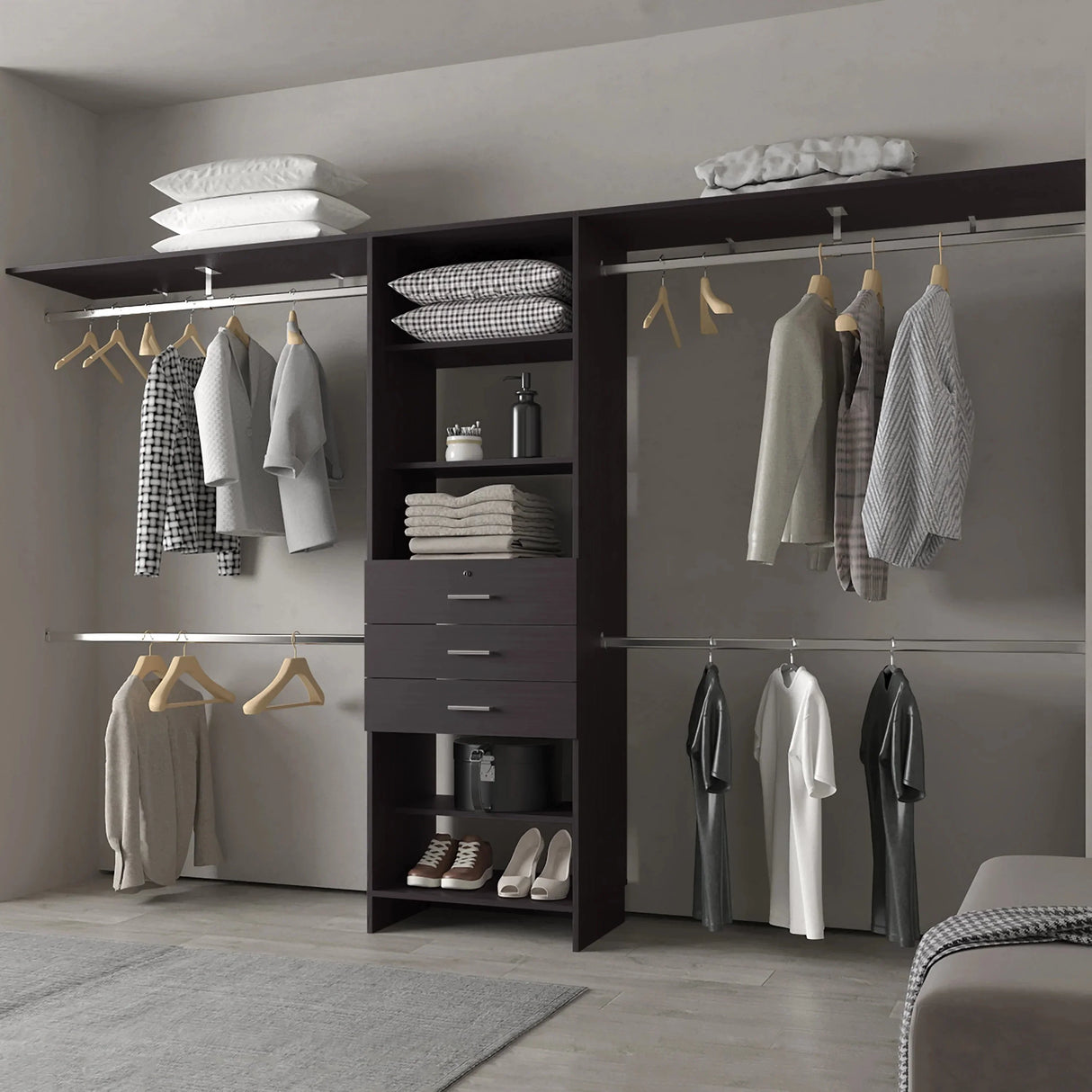 Closet System Modular with Hanging Rods Drawers Dark Brown - Furniture Home Direct