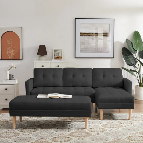 Right Facing Sofa Chaise with Ottoman - Black - Furniture Home Direct