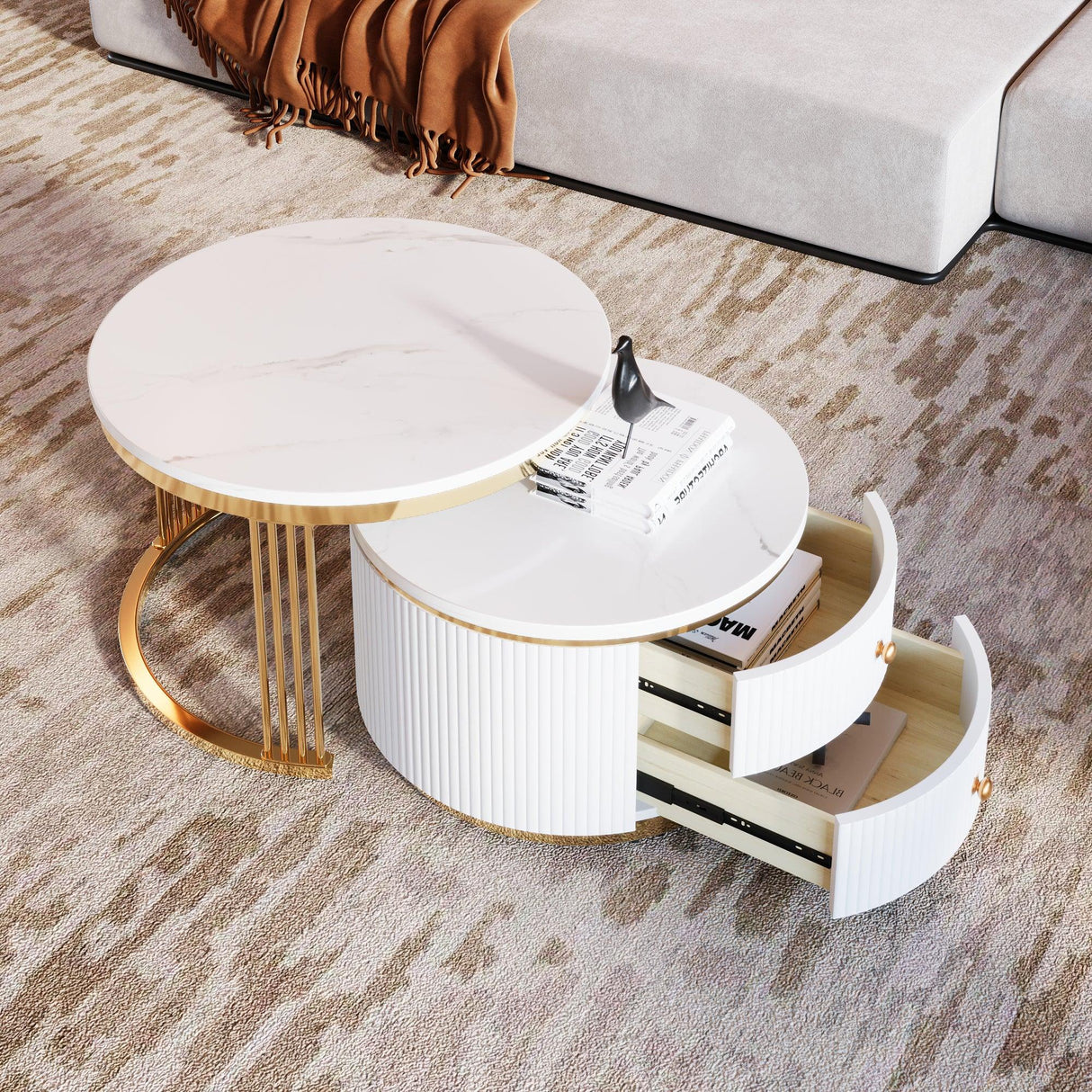 Nesting Coffee Tables With Drawers Round White And Gold - Furniture Home Direct
