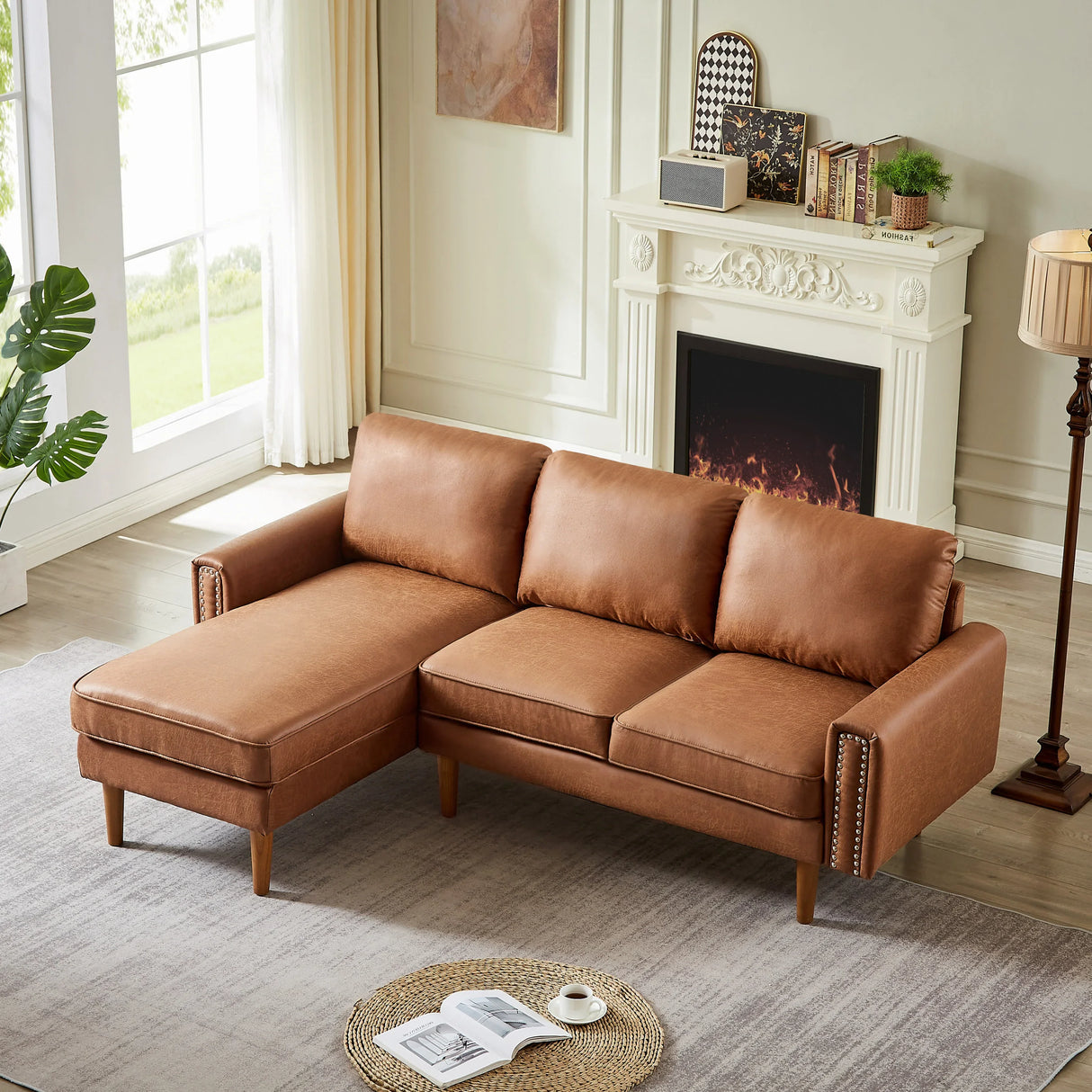 82.2" Suede Sofa with Left Facing Chaise, Brown - Furniture Home Direct