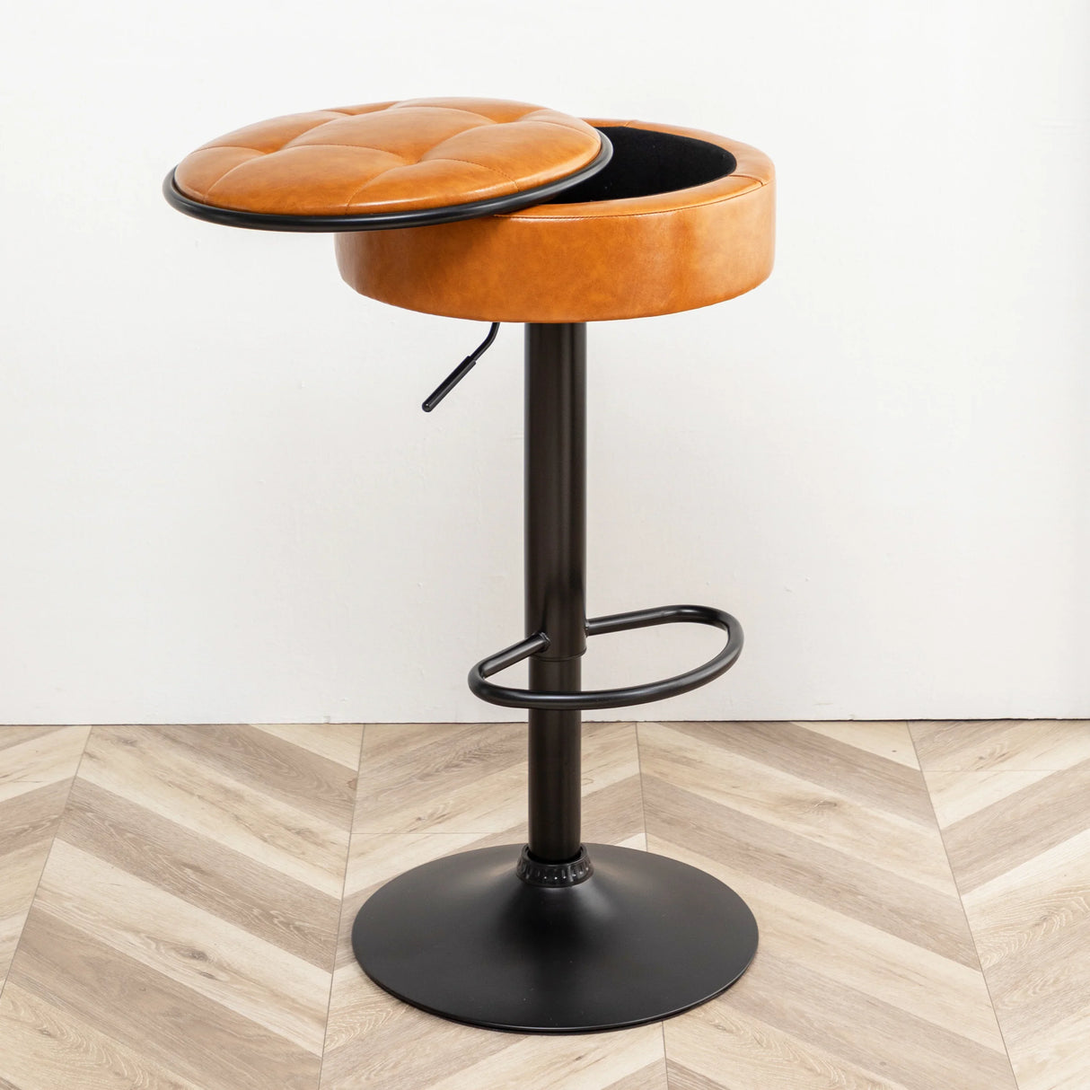 Bar Stool Round Tufted PU Leather Adjustable Height Brown - Furniture Home Direct