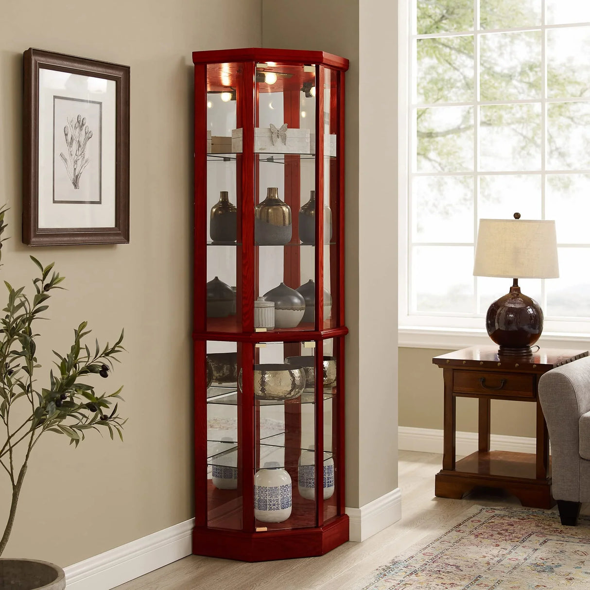 6 Shelf Lighted Corner Curio Cabinet With Adjustable Tempered Glass Shelves And Mirror Back (E26 Light Bulb Not Included) - Furniture Home Direct