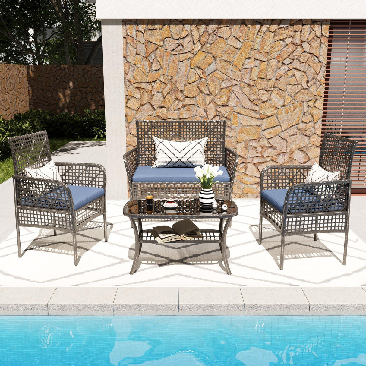 4 Pieces Rattan Wicker Chairs With Tempered Glass Table And Cushions - Furniture Home Direct