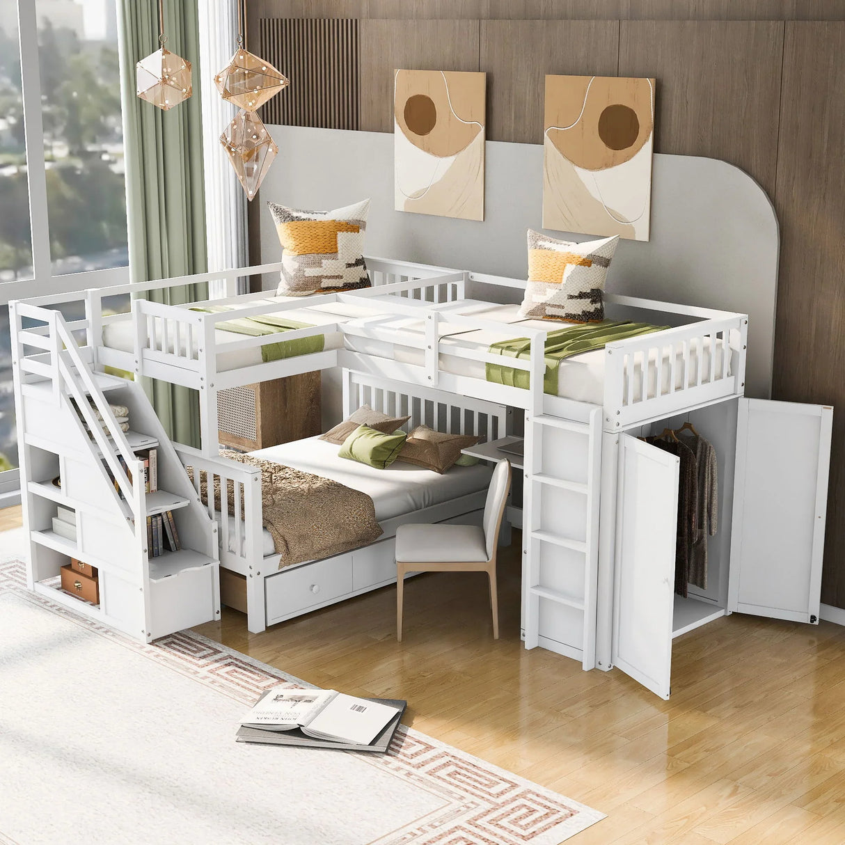 L Shaped Bunk Bed With 3 Drawers, Portable Desk And Wardrobe - Furniture Home Direct