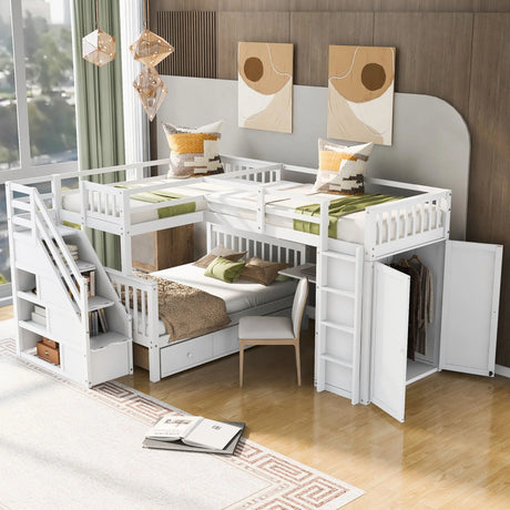 L Shaped Bunk Bed With 3 Drawers, Portable Desk And Wardrobe - Furniture Home Direct